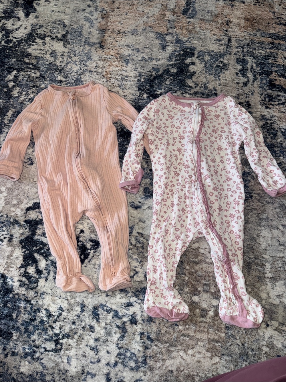 Cloud Island Pink Ribbed & Floral Footed Baby One-Piece Sleepers (2-Pack)